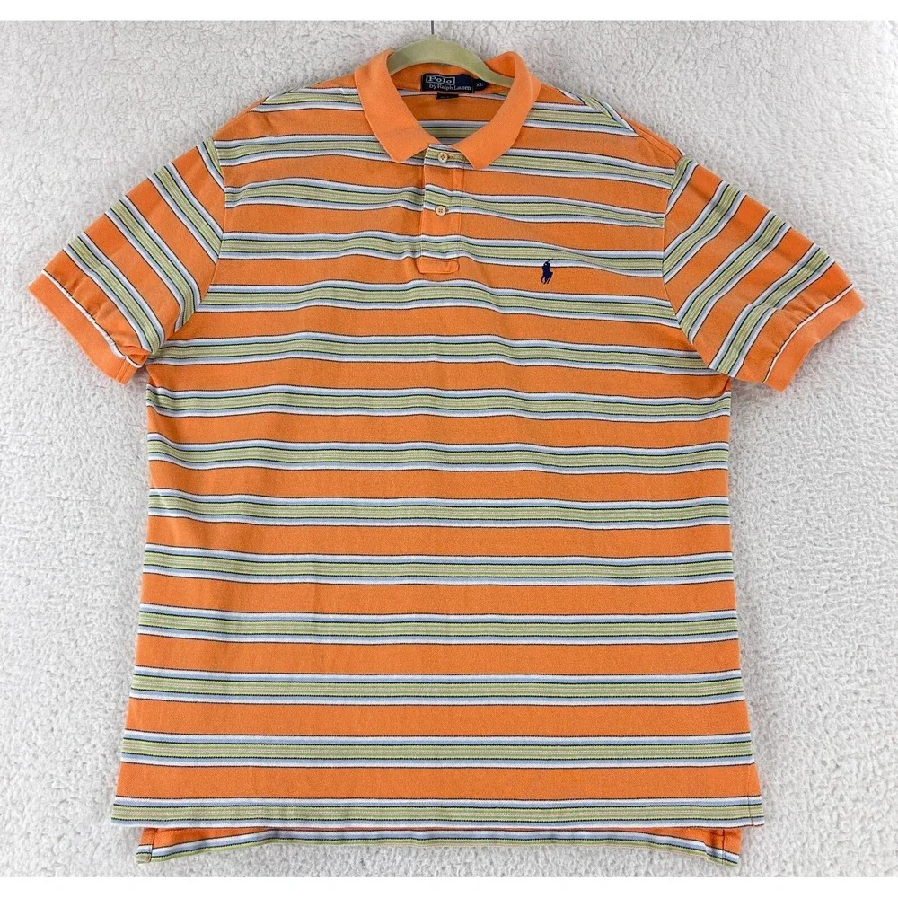 Polo Ralph Lauren Orange Stripe Polo Shirt Mens Short Sleeve Casual Cotton XL‎